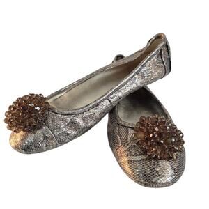 Anne Klein Sport " Bauble" Bronze Metallic Snake Flats Beaded Pom Pom Sz 9
